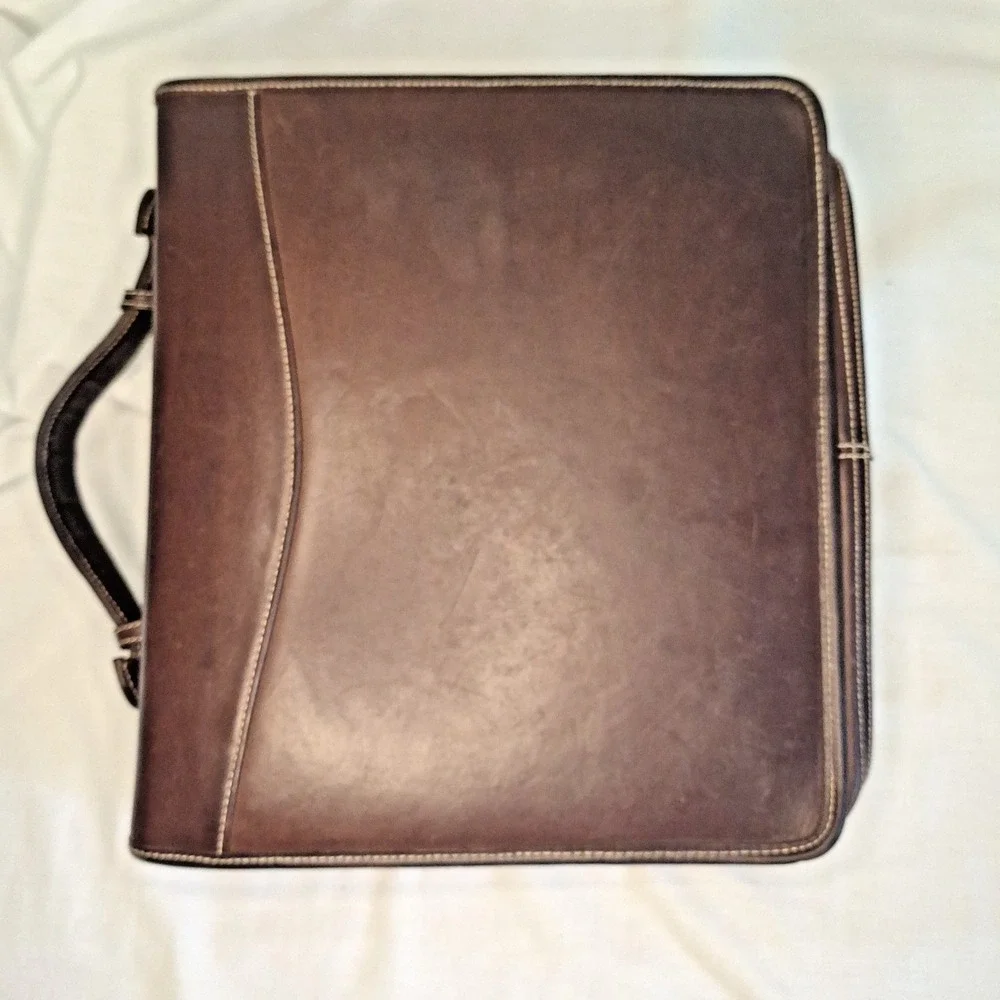 Franklin Covey 7 Ring Brown Leather Carry Handle Full Zip Briefcase Binder 3744
